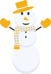 a snowman wearing a yellow Christmas scarf and hat looks happy
