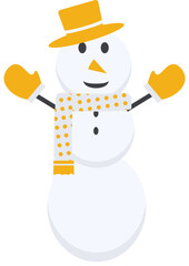 a snowman wearing a yellow scarf and hat with branches made of twigs
