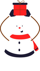 a snowman wearing a christmas scarf looks happy with a present
