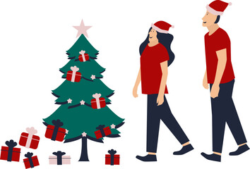 a pair of lovers standing in front of a Christmas tree equipped with Christmas gifts and wearing Christmas costumes
