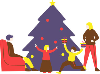 A family is celebrating Christmas with a Christmas tree with a yellow star on it and Christmas gifts
