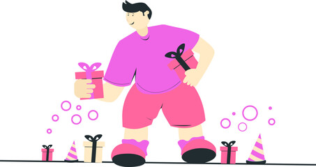 a man with short black hair wearing a purple shirt and pink shoes was walking carrying two pink gift boxes with ribbons
