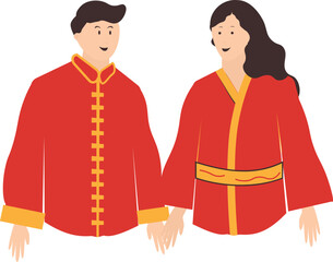 Lunar New Year Illustration. A couple of lovers holding hands wearing red clothes celebrating Chinese New Year