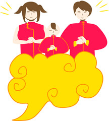 a family is celebrating Chinese New Year wearing red Chinese New Year clothes
