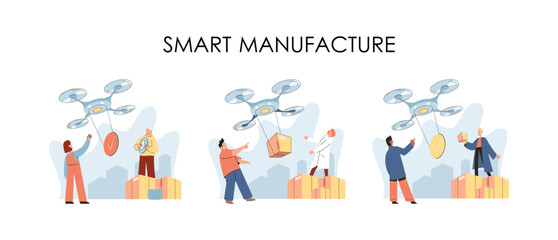 Smart logistics technology metaphor. Idea of modern transportation and distribution. People using copter delivery. Technical and science innovation. Automation and development of delivery process