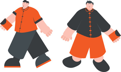 two men who have large bodies and wear Chinese New Year clothes celebrating Chinese New Year
