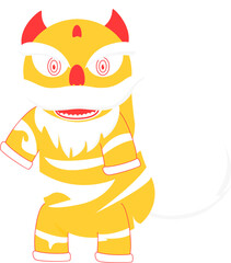 a lion dance performance standing in yellow to celebrate Chinese New Year
