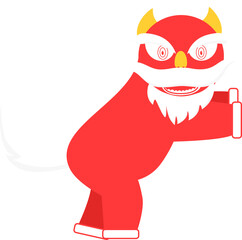 a lion dance show in red and yellow which is played by two people as a symbol and to celebrate Chinese New Year
