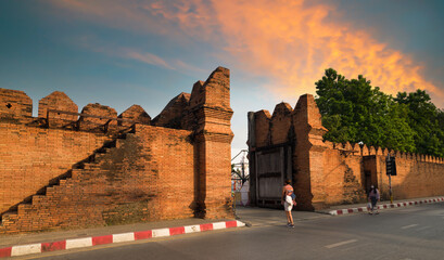 Pratu Tha Phae Gate at sunset in the evening. Chiang Mai, Thailand
