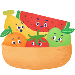 Cute fruit characters in basket hand-drawn illustration