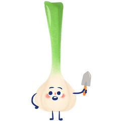 Garlic character with small shovel hand-drawn illustration