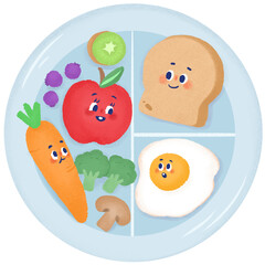 Cute food characters with food plate hand-drawn illustration