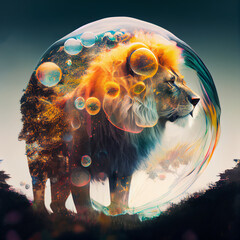 Lion bubble art double exposure