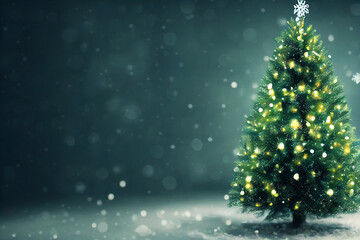 Abstract blurred bokeh background of Christmas tree with snow and copy space, holiday and celebration concept