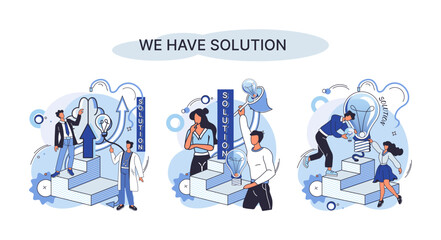 Reaching solution as result of work of business team. Startup employees. Goal thinking. Cooperation construction by agency create team. Creative successful management metaphor, decision and teamwork