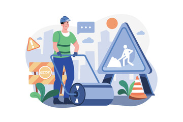 Worker Using Road Roller Makes Paving On Highway Or Street