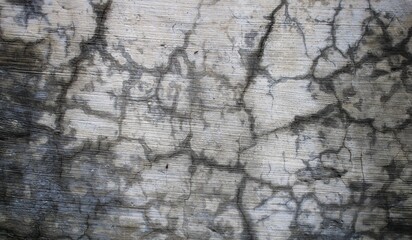 A weathered concrete wall with cracks and peeling paint, showing signs of age and decay.