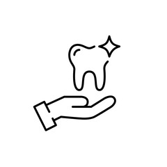 Dental care icon. Shining healthy tooth in hand. Pixel perfect, editable stroke