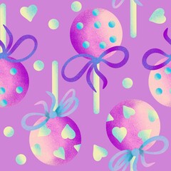 Hand drawn seamless pattern with cupcake pastry bakery baking food. Pastel blue pink purple sweet tasty candy dreamy dessert design, trendy holographic bithday party background.