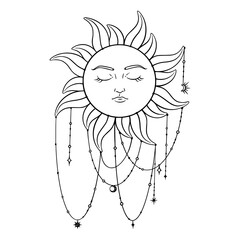 Tarot sun esoteric symbol. Spiritual tarot sun element with moon and stars pendants. Vector illustration isolated in white background