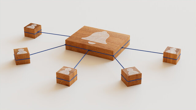 Alert Technology Concept with bell Symbol on a Wooden Block. User Network Connections are Represented with Blue string. White background. 3D Render.