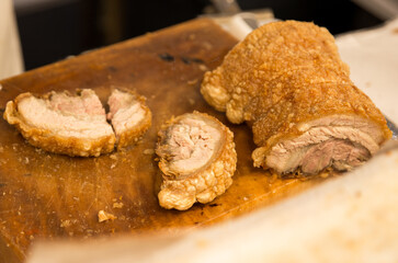 Top view of Chashu Crispy Pork, focus selective