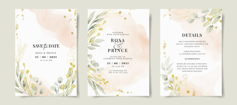 Elegant watercolor and leaves on wedding invitation card template