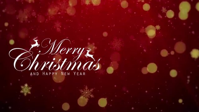 Abstract Merry Christmas Greeting with red snow crystal confetti falling animation of background 4K.