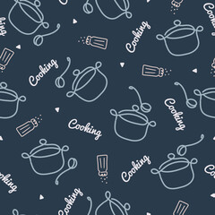 Cute Cooking Pots Line Art Illustration Vector Seamless Patter