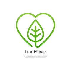 Fototapeta premium Love nature logo concept. Leaf and heart shape icon design isolated on white background. Vector illustration