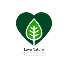 Love nature logo concept. Leaf and heart shape icon design isolated on white background. Vector illustration