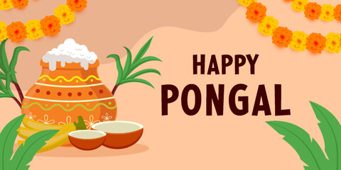 flat design happy pongal horizontal banner illustration