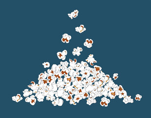 A pile of popcorn vector illustration on blue background. Popcorn is a delicious snack that you enjoy while watching movies.