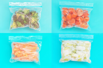 Packages with frozen vegetables on a blue background close-up top view.