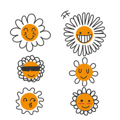 hand drawn doodle flowers with cartoon funny smiling faces illustration