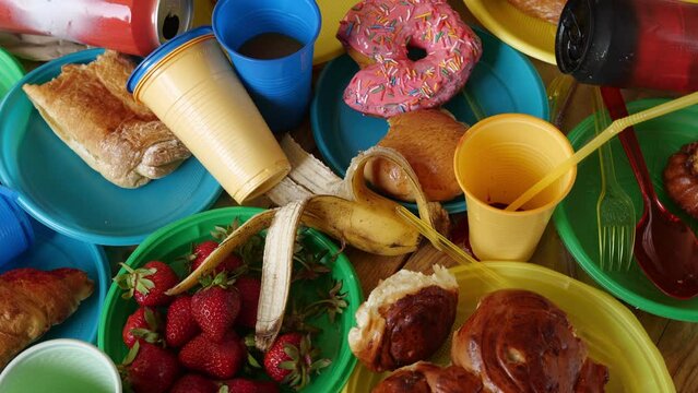 Food and drink waste after a party. Disposable plastic tableware and food leftovers