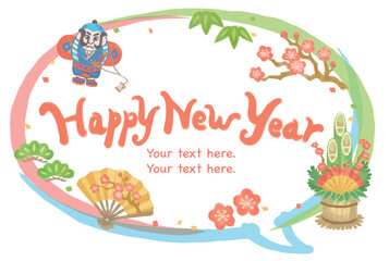 水彩風、お正月のイラストを使った吹き出し風フレーム素材。ベクター素材。