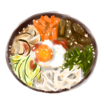 Bibimbap. Korean rice bowl with egg, spinach, beef, carrots, mushrooms, zucchini and soy sprouts illustration