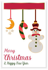 Fototapeta premium Christmas greeting card design with three decorations and merry christmas and happy new year text