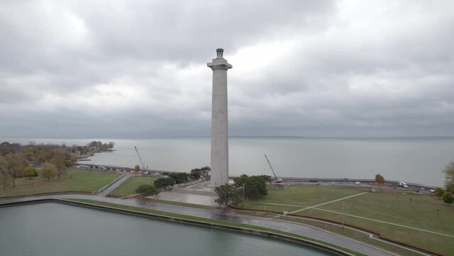 Cinematic Drone Shot Rotating Around Iconic Perry's Victory And International Peace Memorial In Put-in-Bay Village On South Bass Island, Ottawa County, Ohio