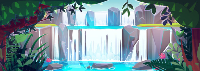Fantasy landscape with cascade waterfall and beautiful tropical plants. Vector cartoon illustration of water flowing and falling from rocky mountain into river with stones. Adventure game background © klyaksun