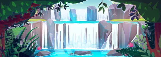 Gardinen Fantasielandschaft mit Wasserfall und wunderschönen tropischen Pflanzen. Vektor-Cartoon-Illustration von Wasser, das von einem felsigen Berg in einen Fluss mit Steinen fließt und fällt. Hintergrund des Abenteuerspiels © klyaksun
