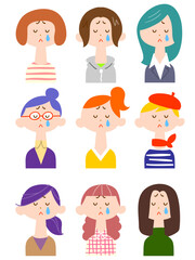 若い女性のイラストセット1　泣き顔
