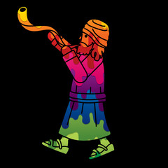 Jewish Blowing the Shofar Kudu Horn Cartoon Graphic Vector