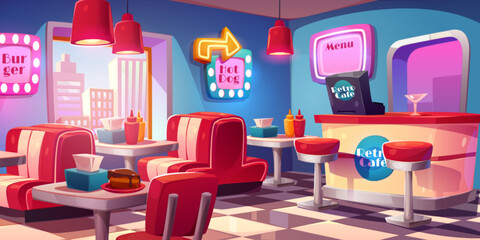 Retro cafe, american diner interior with tables, red sofas and counter with cashbox. Restaurant in vintage style with fast food, burgers, hot dogs and sweets, vector cartoon illustration - obrazy, fototapety, plakaty