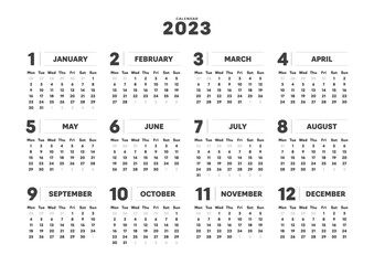 2023年のシンプルな年間カレンダー - 月曜始まり･12ヶ月･1年分の暦 - A4比率

