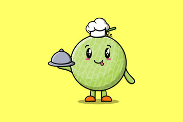 Cute Cartoon chef Melon mascot character serving food on tray cute style design illustration