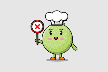 cute cartoon Melon chef holding wrong sign board in vector character illustration