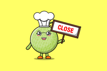 Cute cartoon Melon chef character holding close sign board designs in flat cartoon style