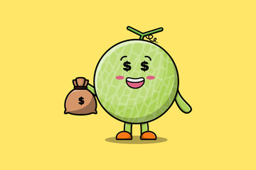 Cute cartoon Crazy rich Melon with money bag shaped funny in modern design illustration